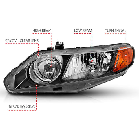 2006-2011 Honda Civic 4 Door Headlight Black Housing (OEM Replacement) 2006-2011 Honda Civic 4 Door Headlight Black Housing (OEM Replacement)