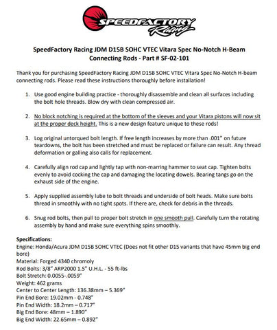SpeedFactory Racing JDM D15B SOHC VTEC Vitara Spec No-Notch Connecting Rods SpeedFactory Racing JDM D15B SOHC VTEC Vitara Spec No-Notch Connecting Rods