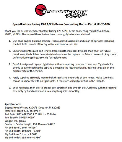 SpeedFactory Racing K20A/Z Forged Steel H-Beam Connecting Rods SpeedFactory Racing K20A/Z Forged Steel H-Beam Connecting Rods