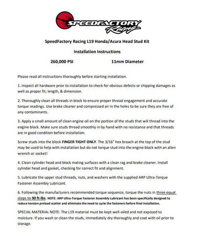 SpeedFactory Racing Extreme Duty L19 Head Stud Kit for Honda/Acura B & K Series SpeedFactory Racing Extreme Duty L19 Head Stud Kit for Honda/Acura B & K Series