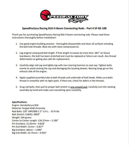 SpeedFactory Racing B16 Forged Steel H-Beam Connecting Rods SpeedFactory Racing B16 Forged Steel H-Beam Connecting Rods