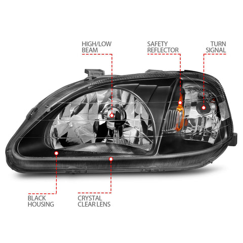 1999-2000 Honda Civic Headlights (Black Housing)