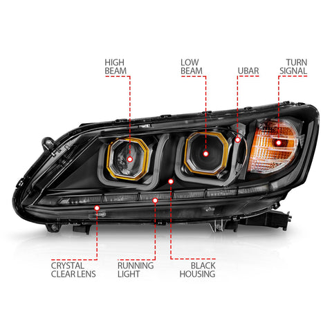 2013-2015 Honda Accord Projector Headlights w/ U-Bar (Black Housing)