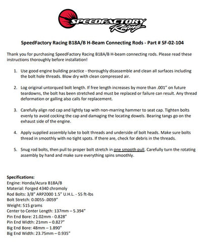 SpeedFactory Racing B18A/B/B20 Forged Steel H-Beam Connecting Rods